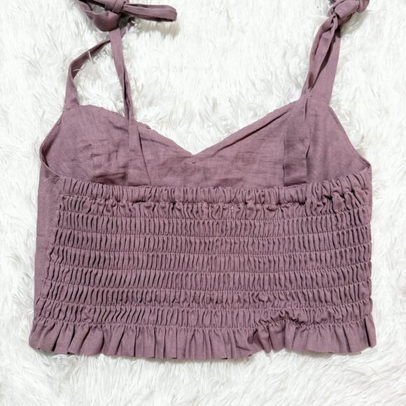 Women Altar'd State Linen Blend Bow Knot Sweatheart Crop Top Mauve Pink Medium - Picture 1 of 6
